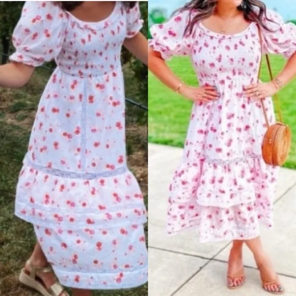 LoveShackFancy X Target Cosette Floral Midi Dress Smocked Cottagecore Lace Pink - Picture 9 of 14